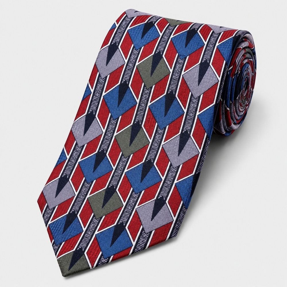 Oscar de la Renta Mens 100% Silk Tie Geometric Red Blue Grey Woven Made in USA l